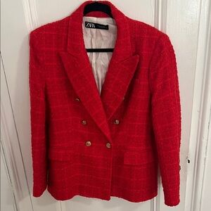 Zara Women's Vibrant Red Tweed Blazer - XL